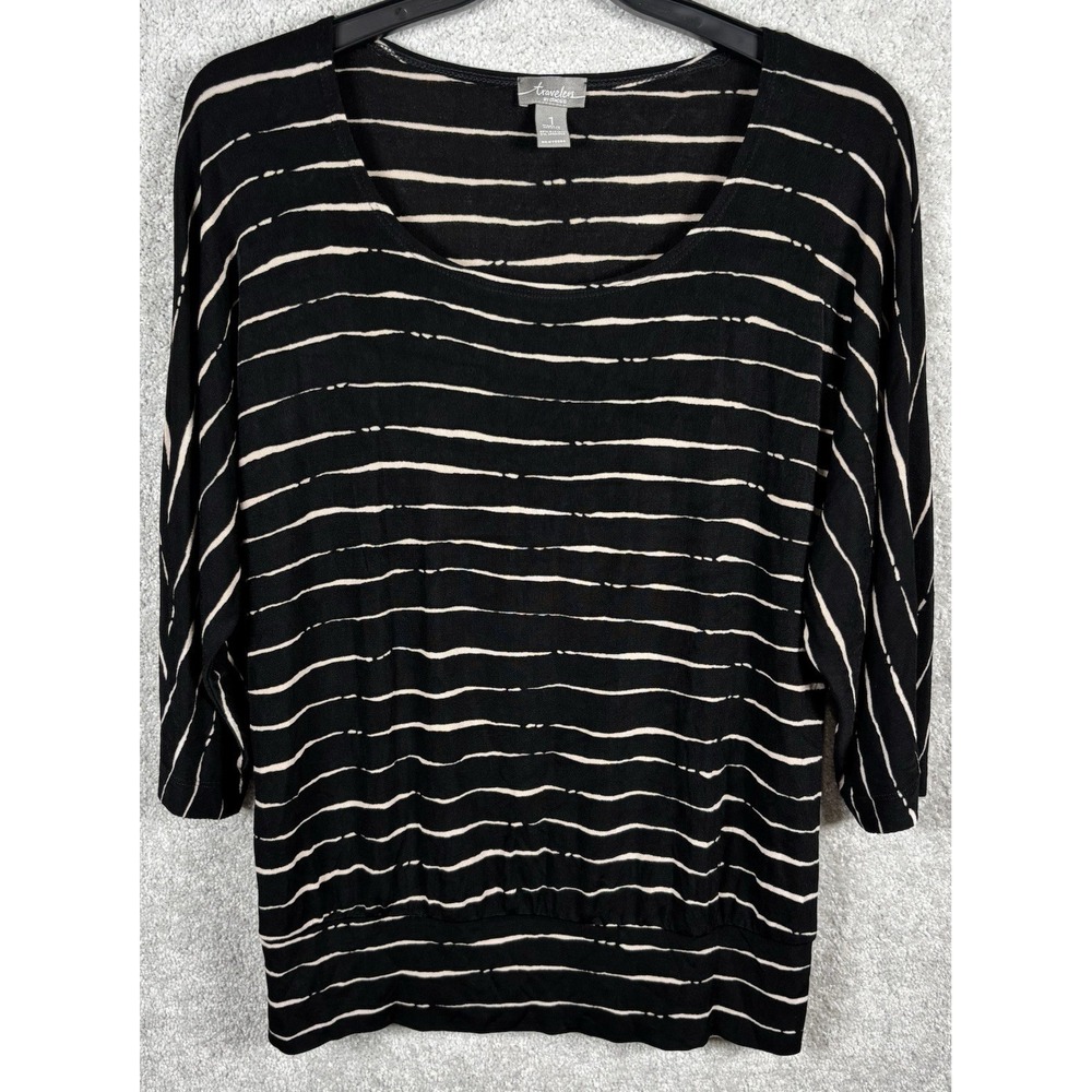 Chicos Travelers Shirt Black Khaki Stripes 1/2 Sleeve Top Blouse Stretch S M 1